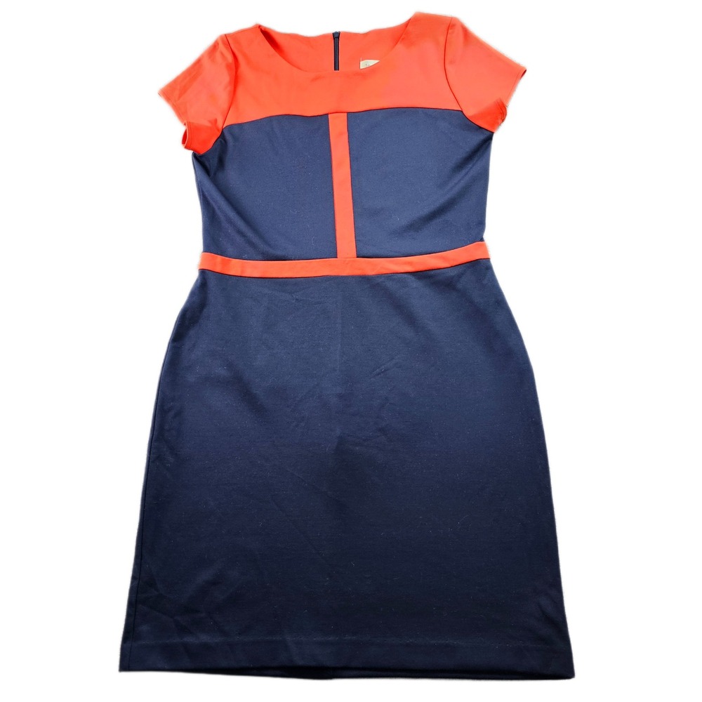 Lesley Evers Sheath Dress Women's L Navy Orange Short Sleeve Round Neck Back Zip